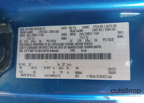 2016 Ford F-150 Xl из США, поврежденный, VIN 1FTMF1C8XGFD14043